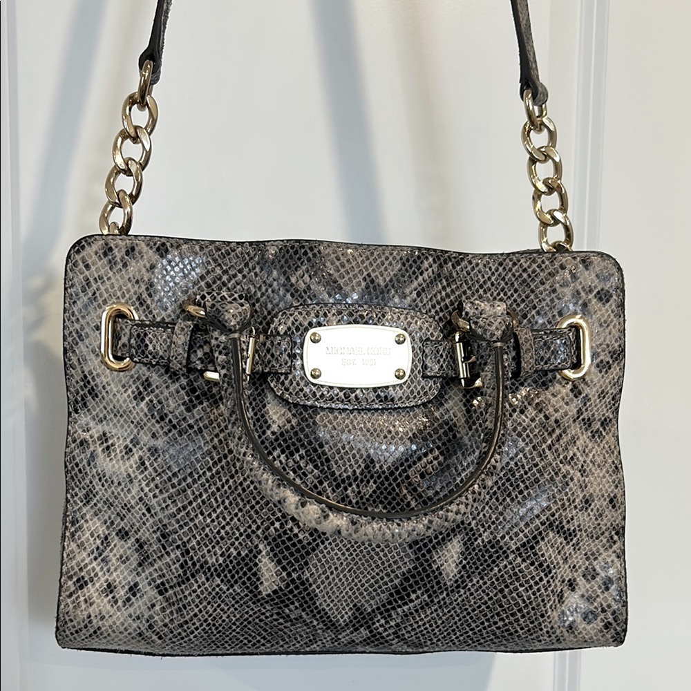 Michael Kors Black and Gray and Cream Textured Snakeskin Satchel